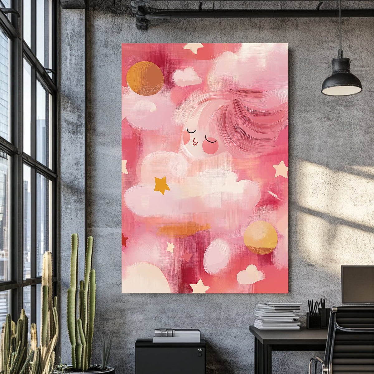 dreamy pink clouds and stars kids wall art