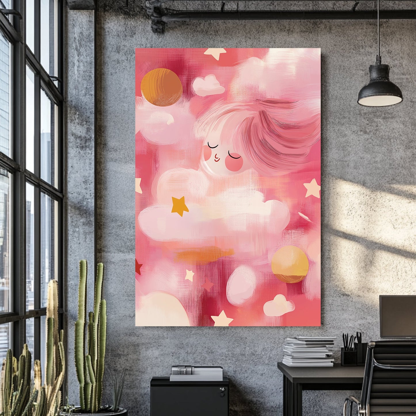 dreamy pink clouds and stars kids wall art