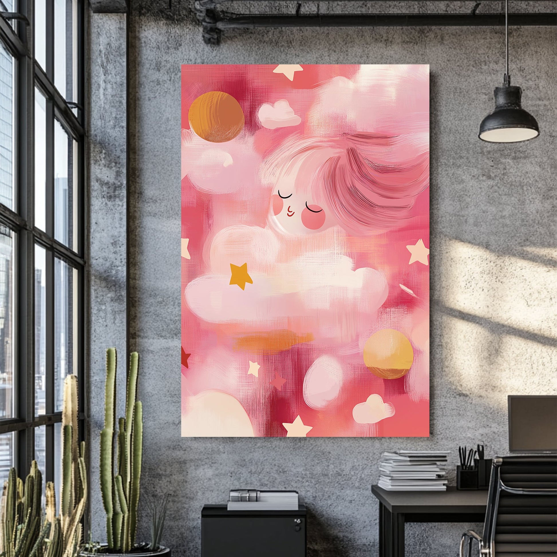 dreamy pink clouds and stars kids wall art