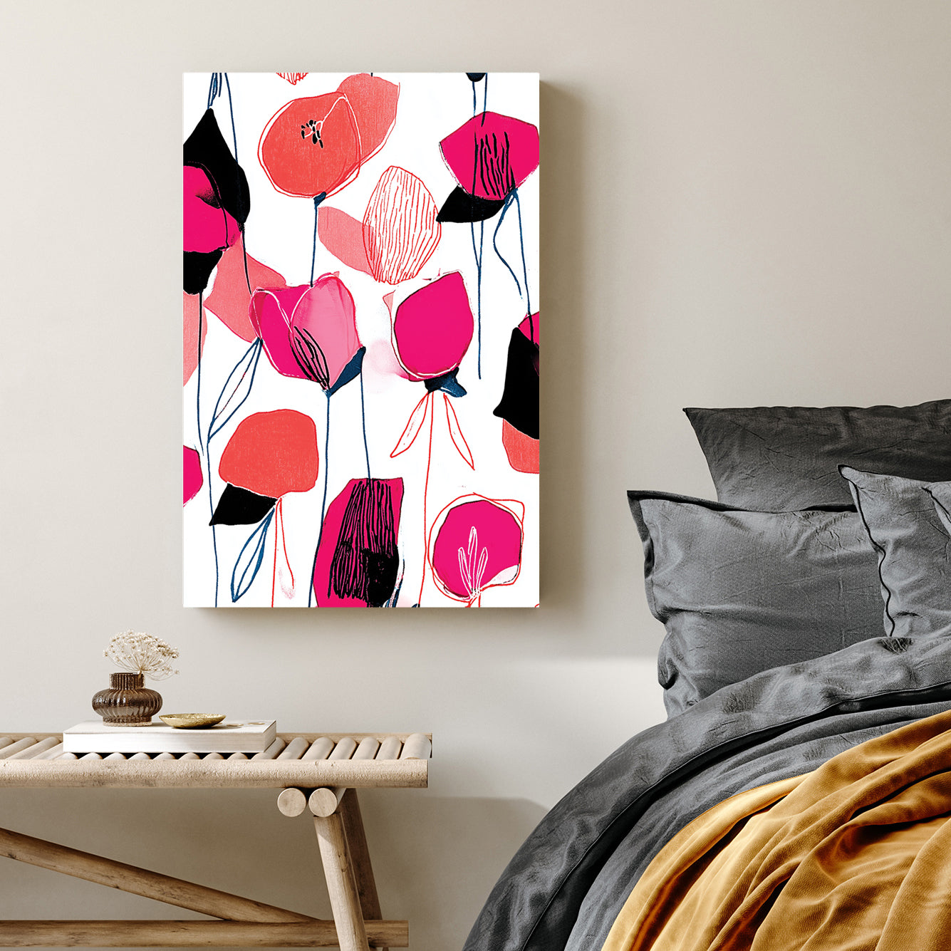 colourful floral wall art with pink and red flowers