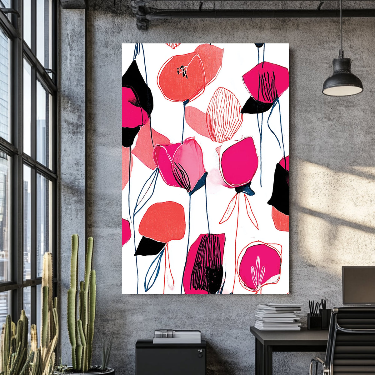 colourful floral wall art with pink and red flowers