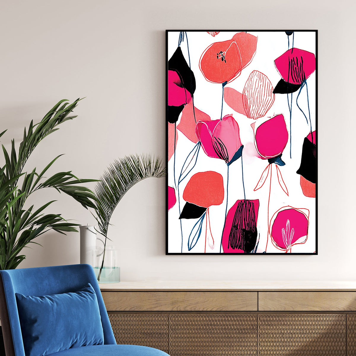 colourful floral wall art with pink and red flowers