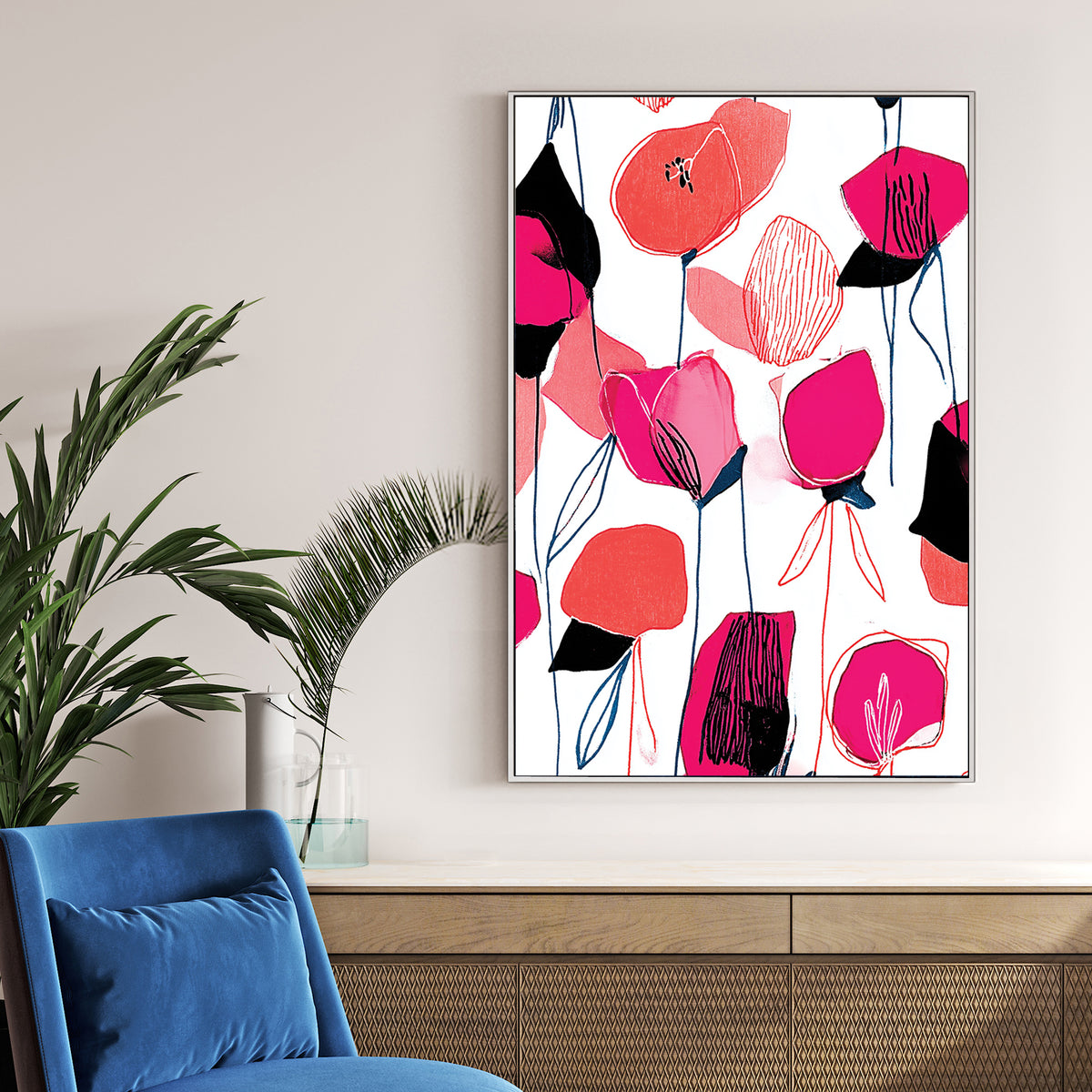 colourful floral wall art with pink and red flowers