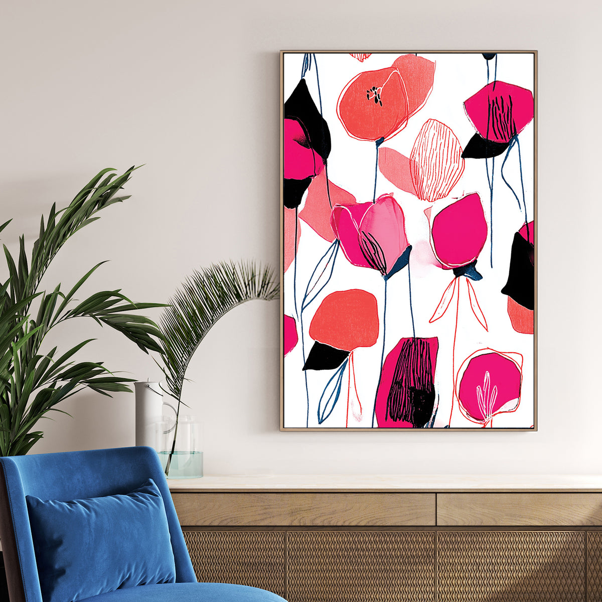 colourful floral wall art with pink and red flowers