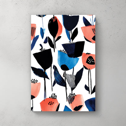 abstract floral wall art in blue and coral