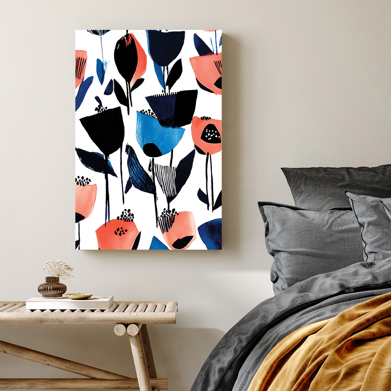abstract floral wall art in blue and coral
