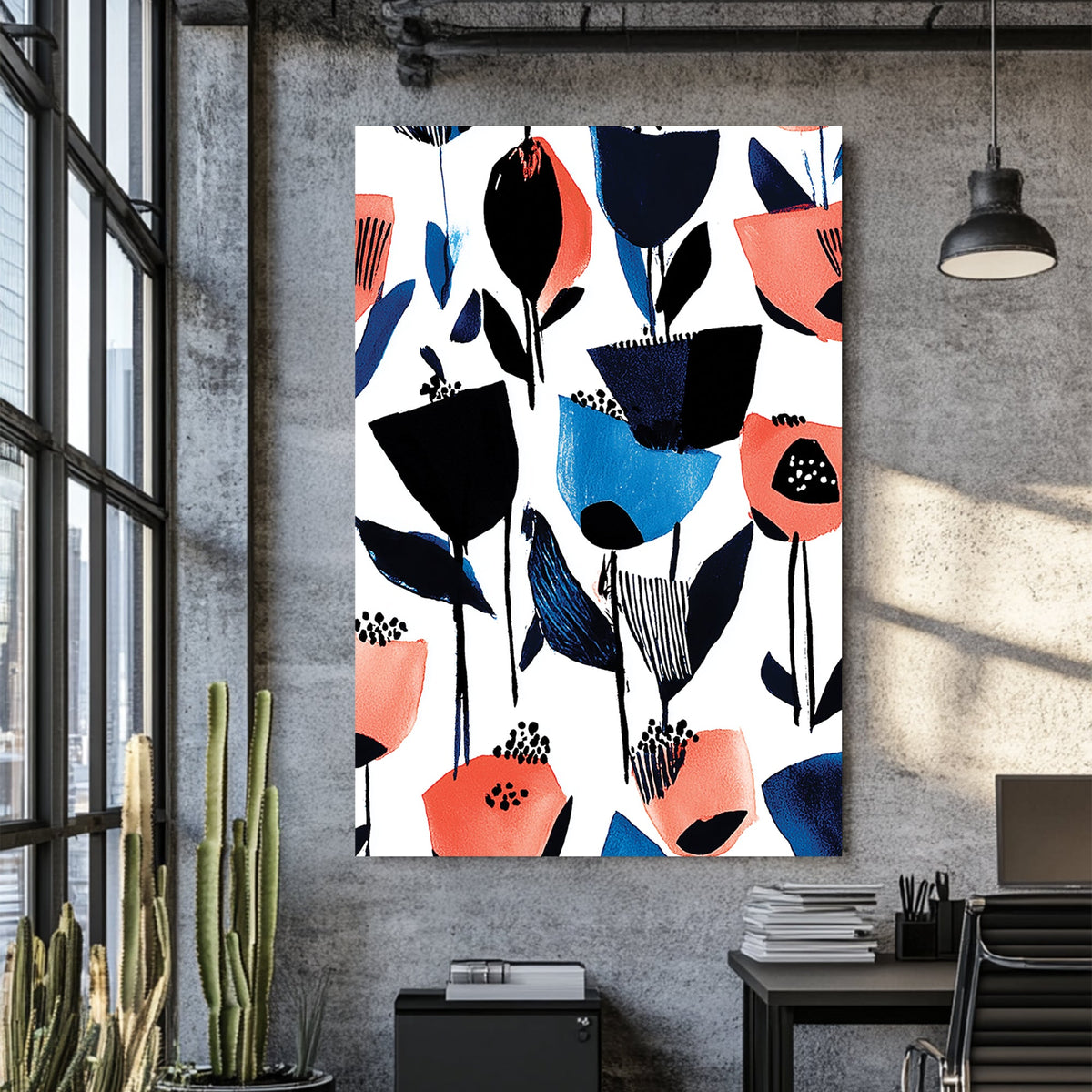 abstract floral wall art in blue and coral