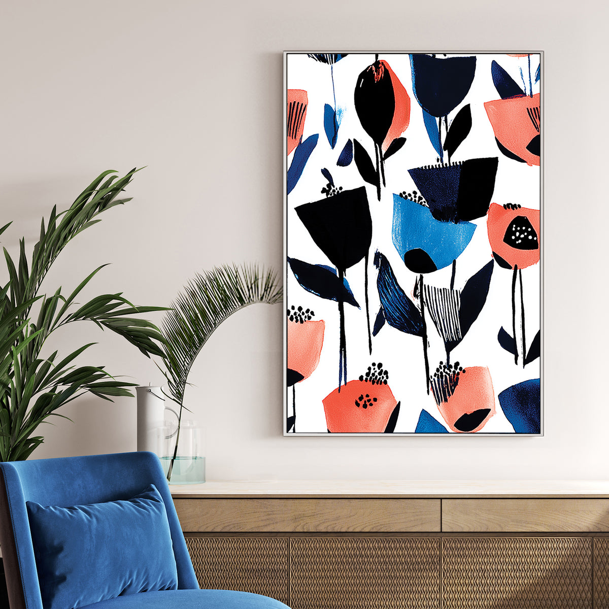 abstract floral wall art in blue and coral