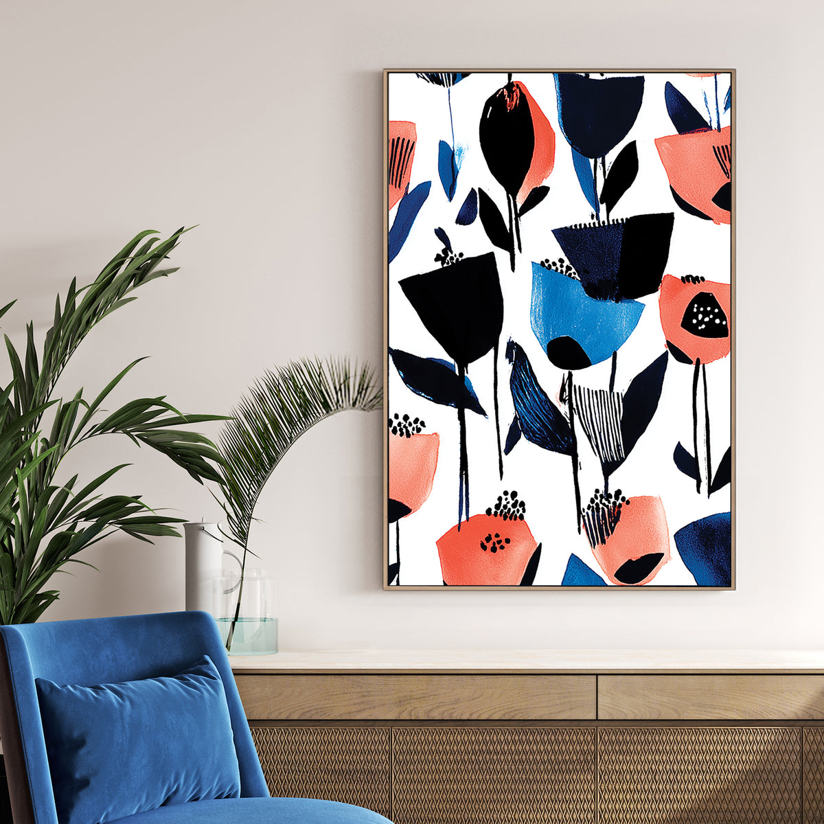 abstract floral wall art in blue and coral