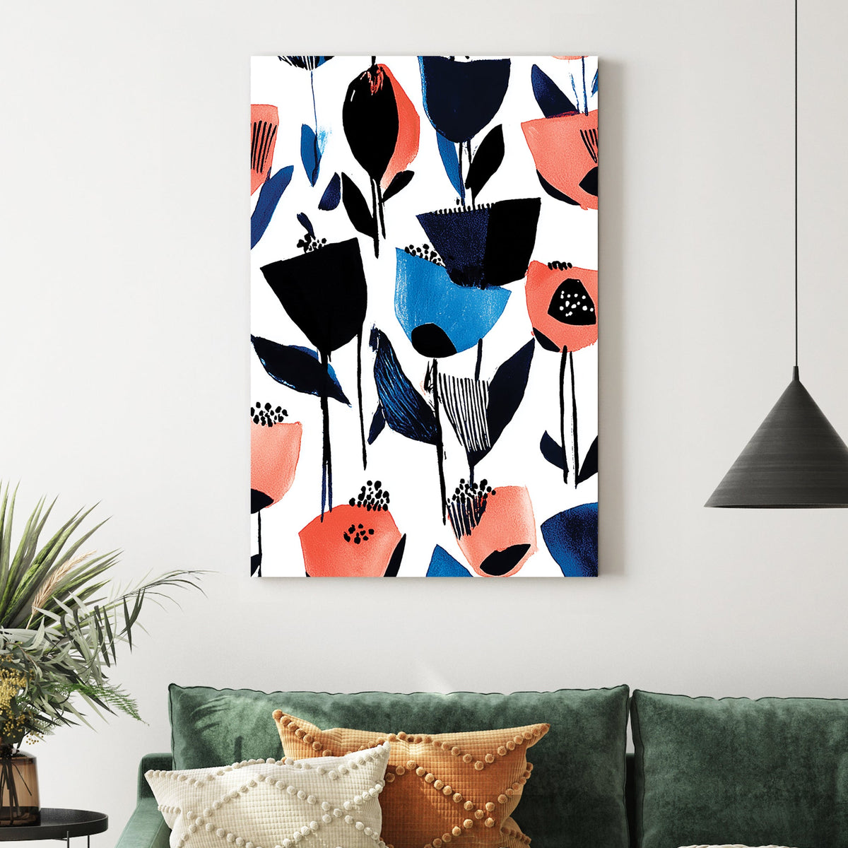 abstract floral wall art in blue and coral