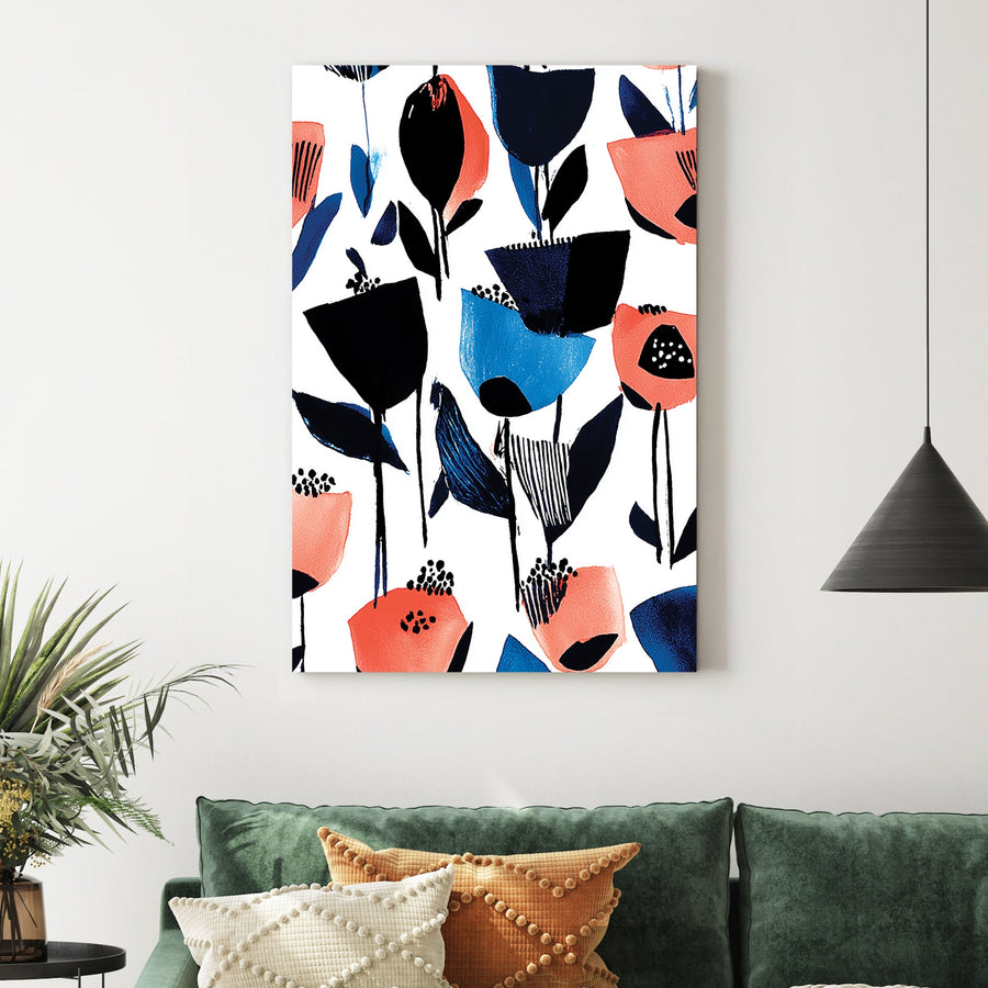 abstract floral wall art in blue and coral