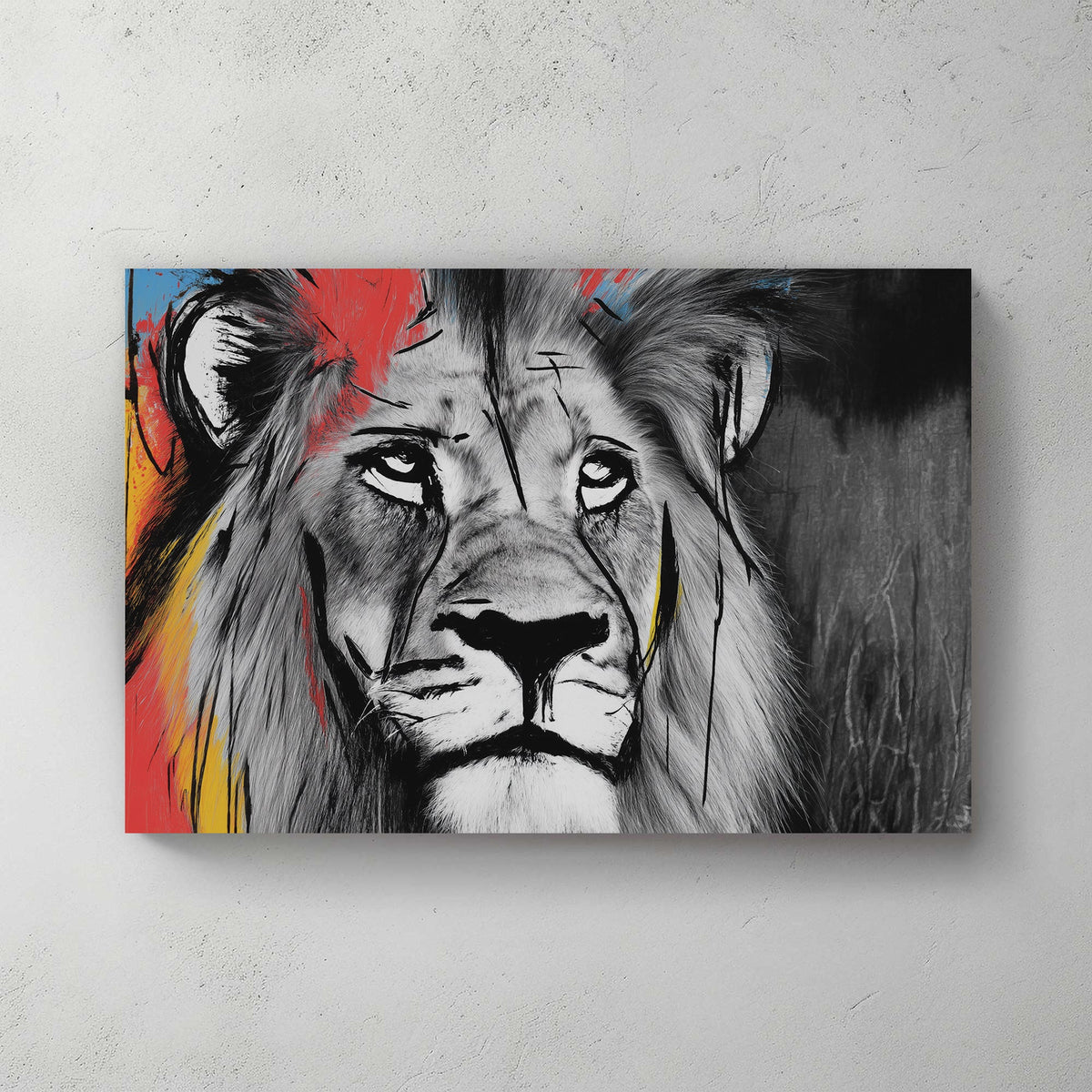 lion wall art with black and white fur and colourful paint splashes