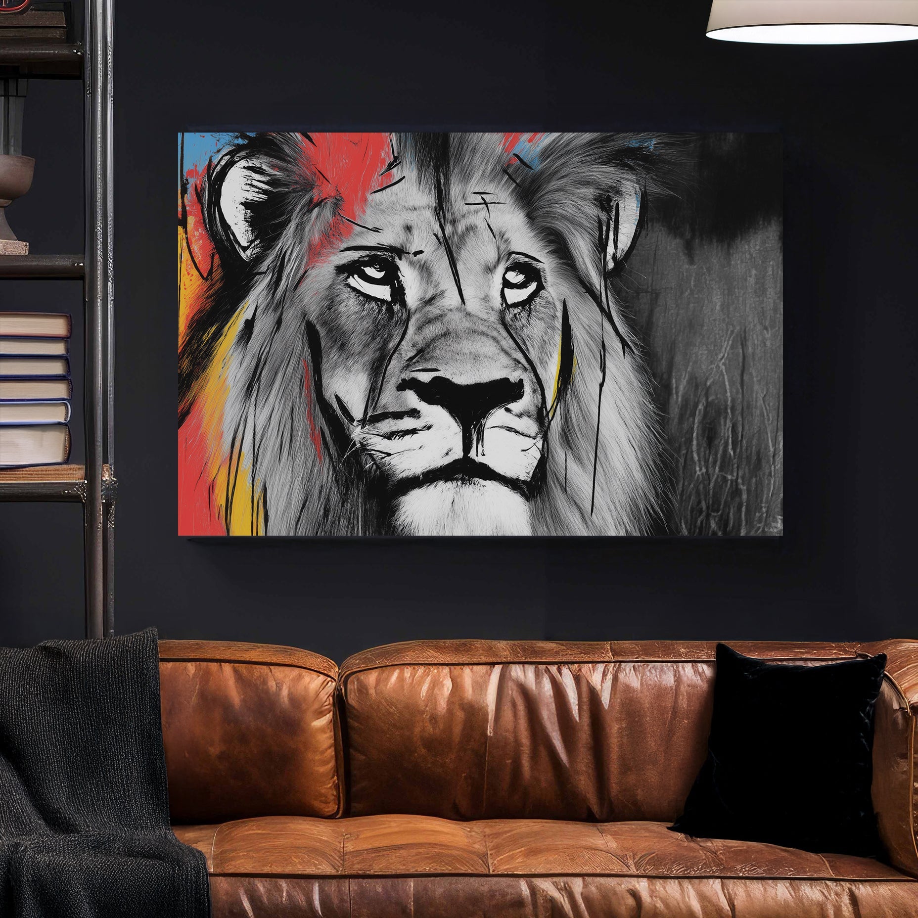 lion wall art with black and white fur and colourful paint splashes
