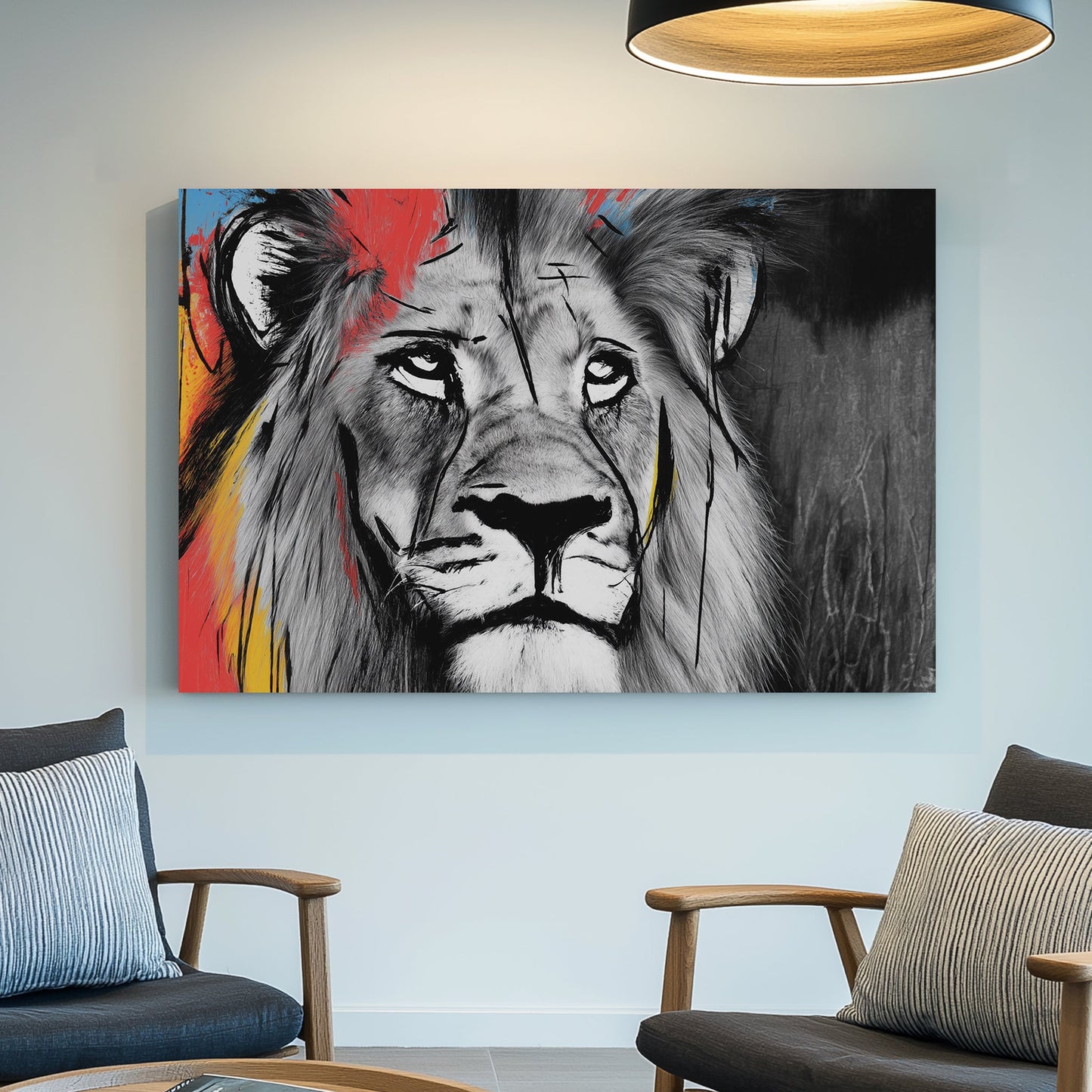 lion wall art with black and white fur and colourful paint splashes