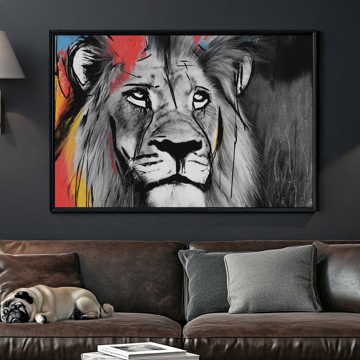 lion wall art with black and white fur and colourful paint splashes