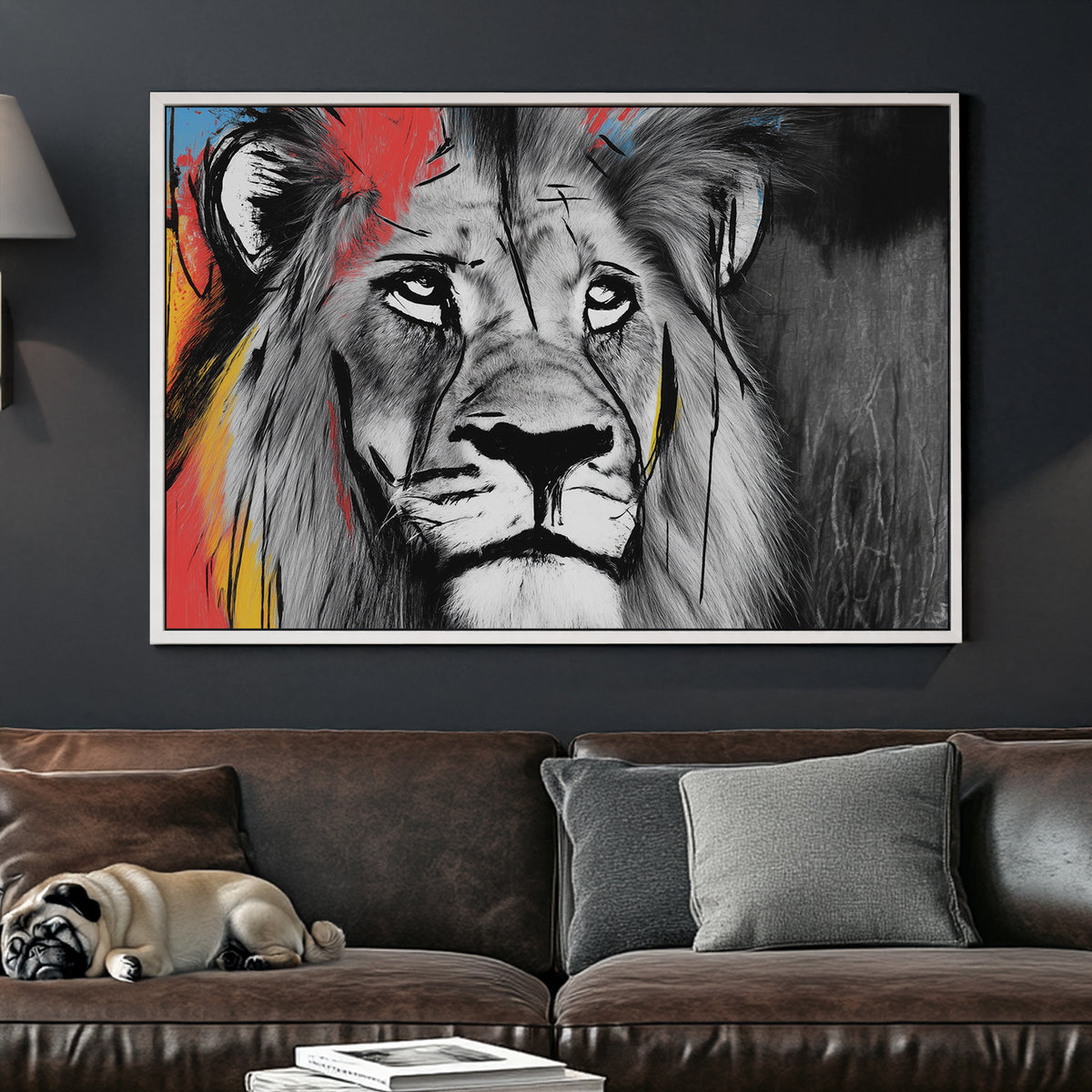 lion wall art with black and white fur and colourful paint splashes