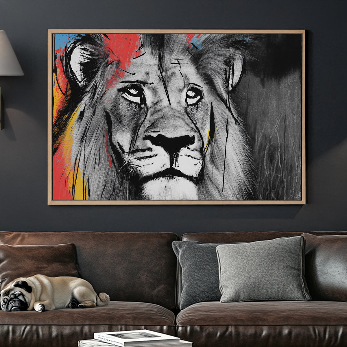 lion wall art with black and white fur and colourful paint splashes