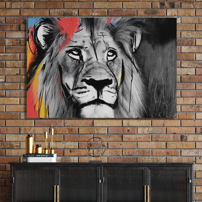 lion wall art with black and white fur and colourful paint splashes