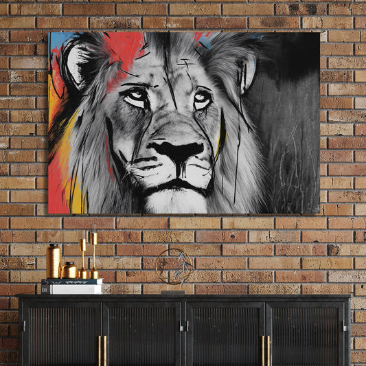 lion wall art with black and white fur and colourful paint splashes