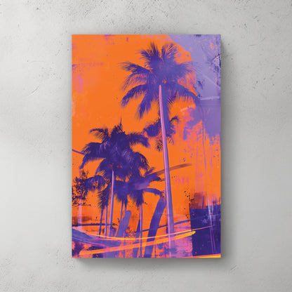 neon palm tree wall art in orange and purple