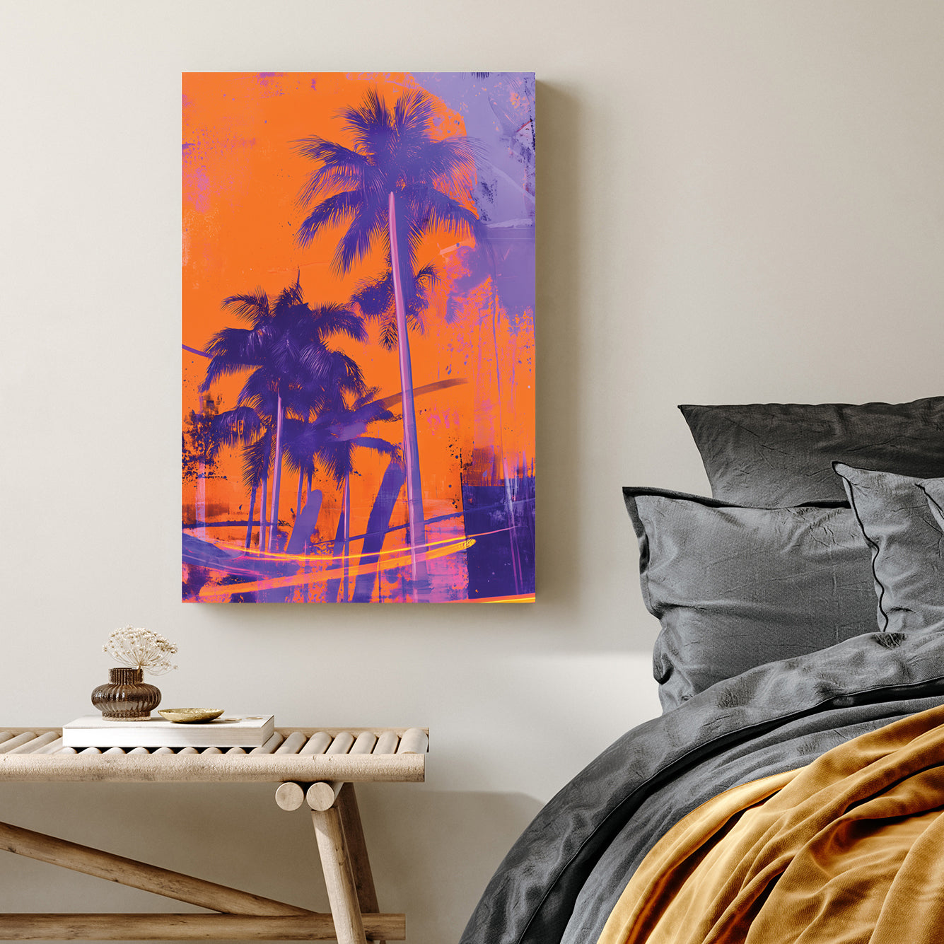 neon palm tree wall art in orange and purple