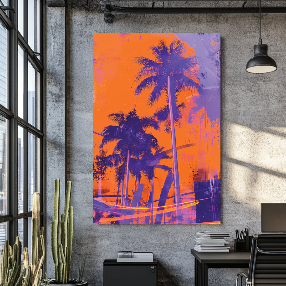 neon palm tree wall art in orange and purple