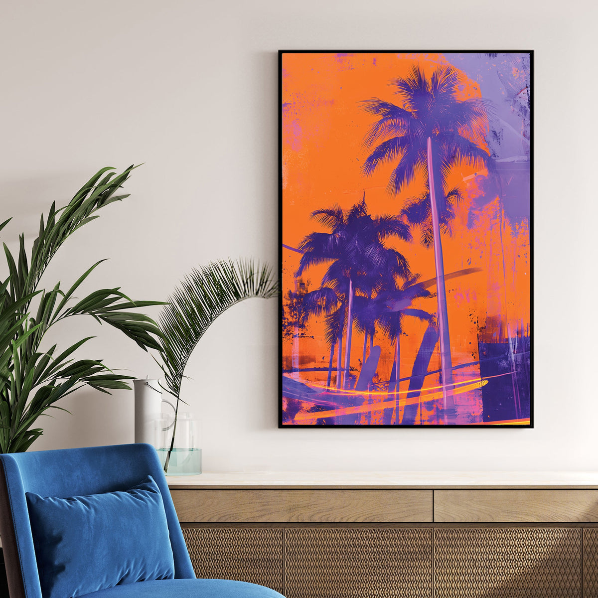 neon palm tree wall art in orange and purple
