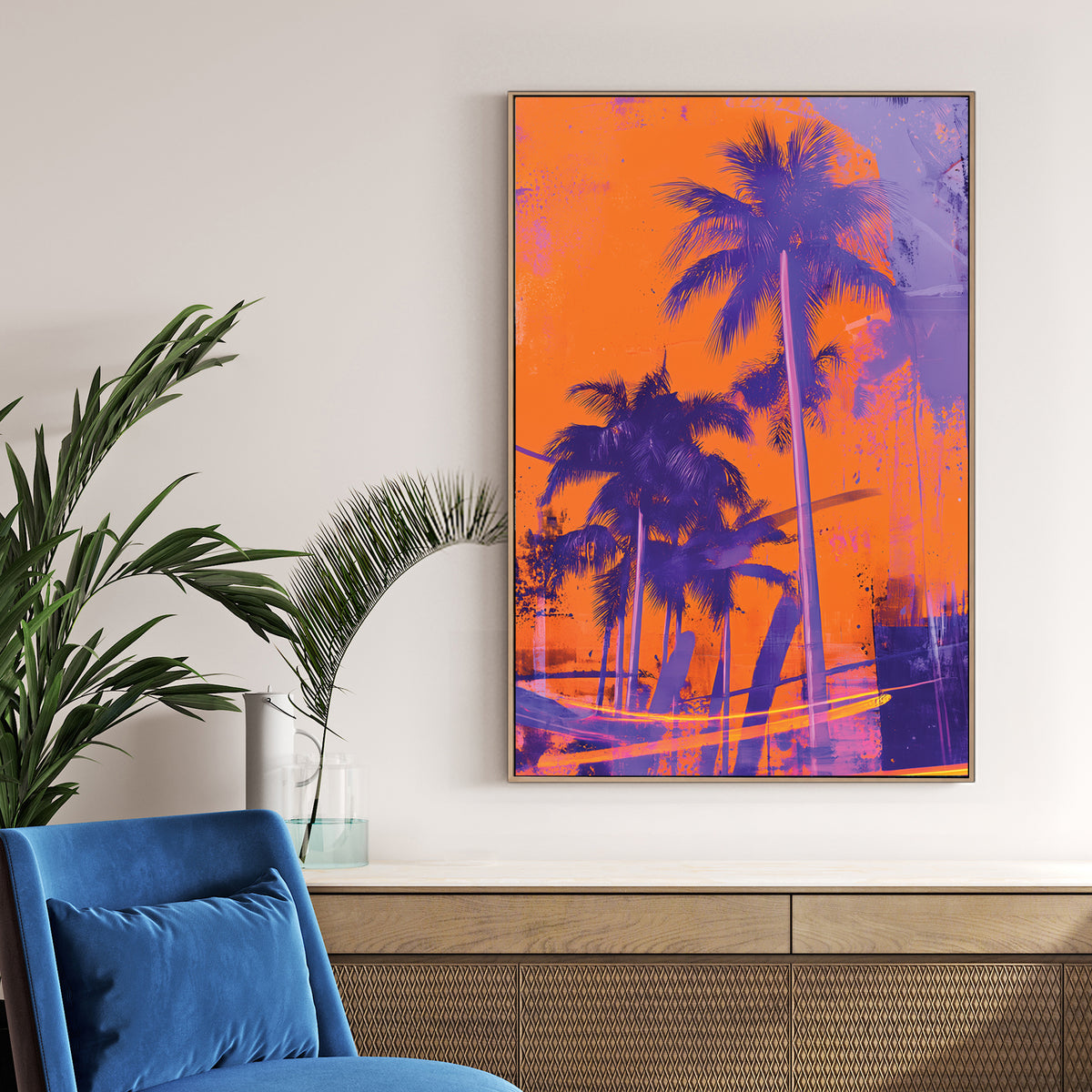 neon palm tree wall art in orange and purple