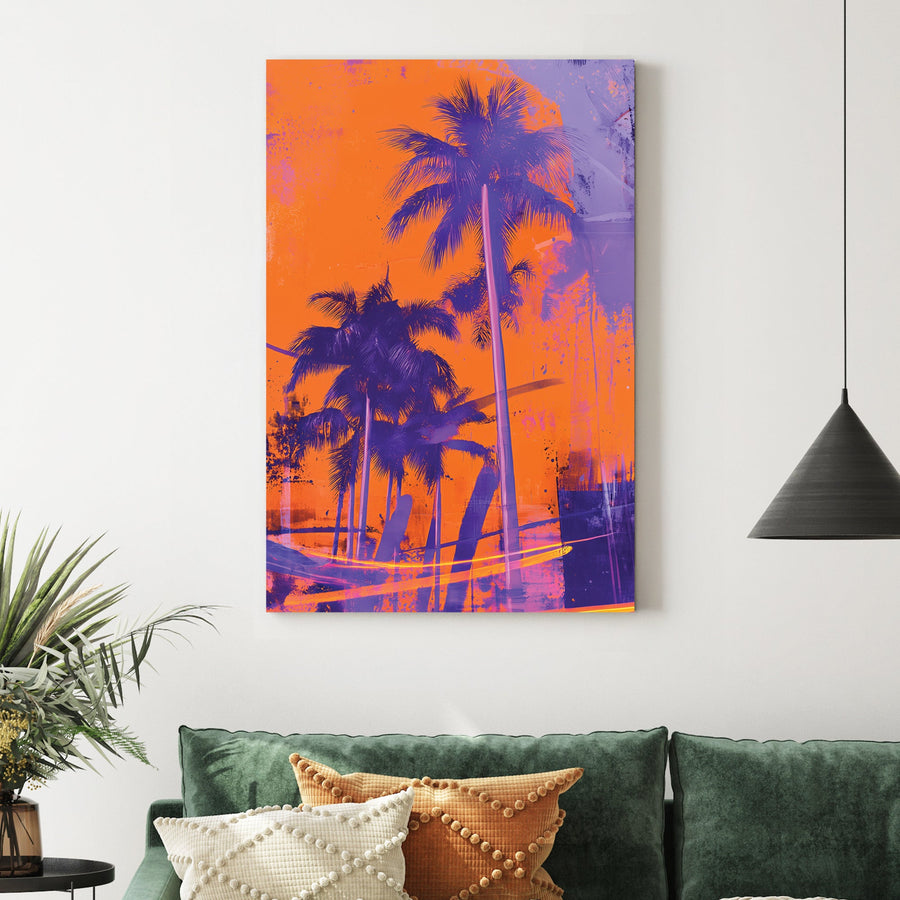 neon palm tree wall art in orange and purple