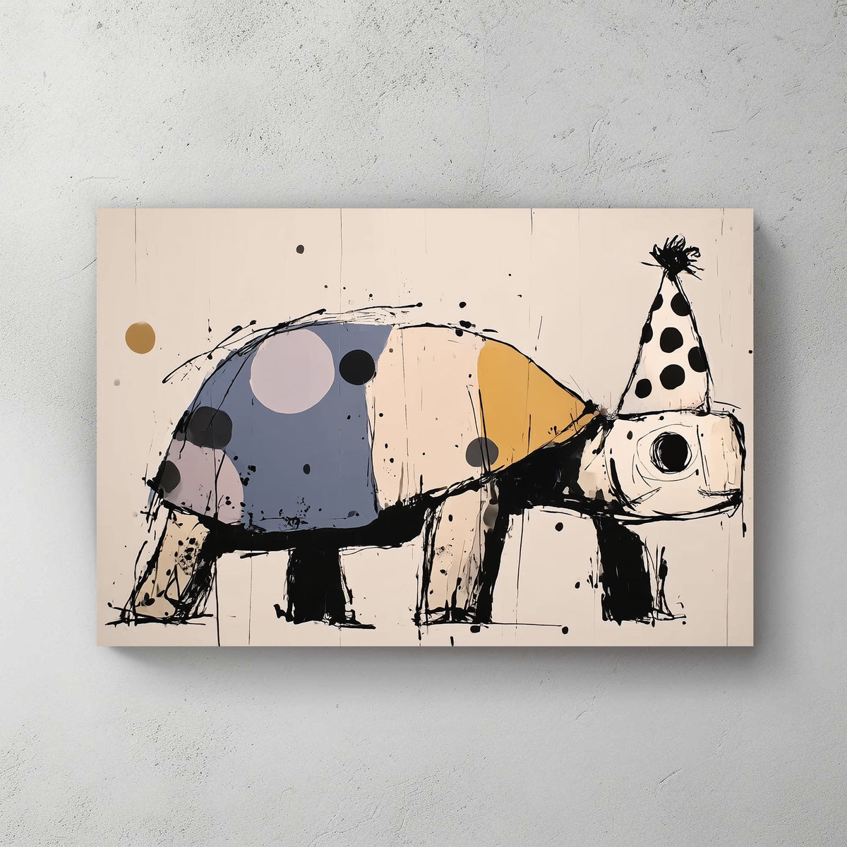 playful turtle wall art with party hat and colourful shell