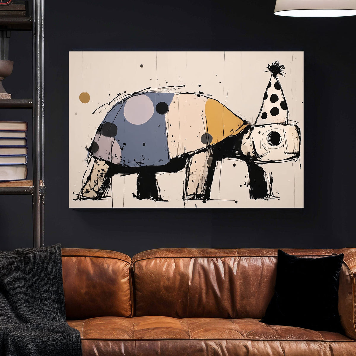 playful turtle wall art with party hat and colourful shell