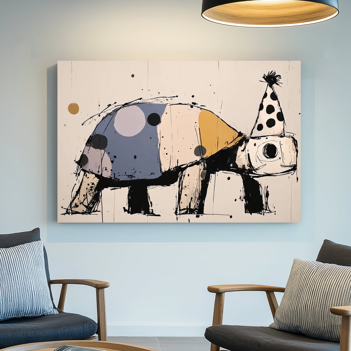 playful turtle wall art with party hat and colourful shell