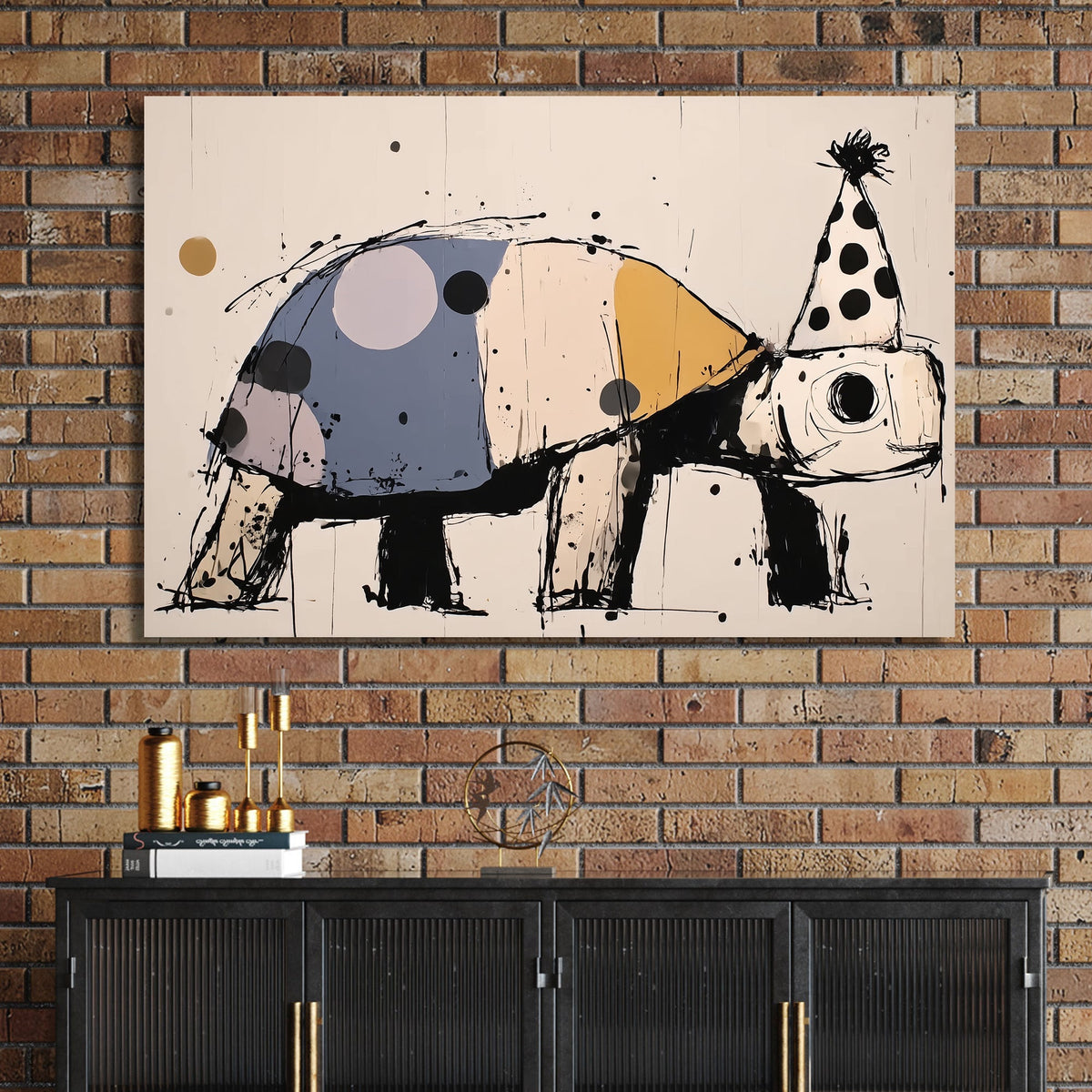 playful turtle wall art with party hat and colourful shell