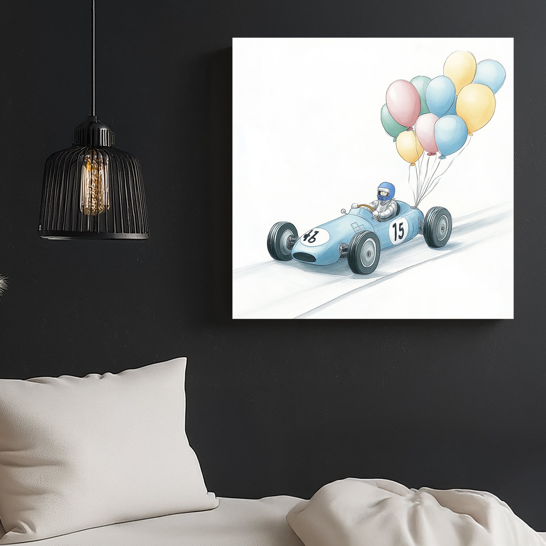 vintage race car with balloons wall art