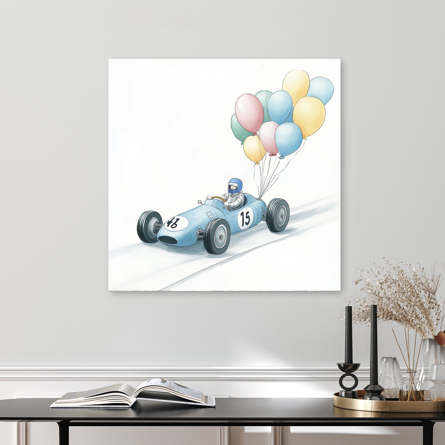 vintage race car with balloons wall art