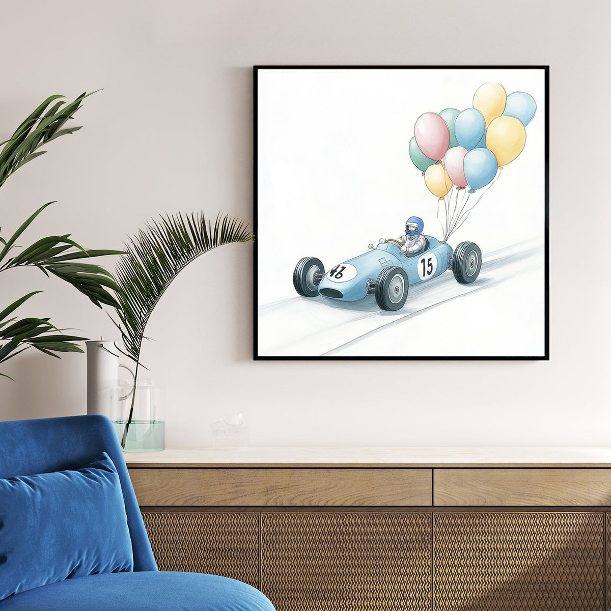 vintage race car with balloons wall art