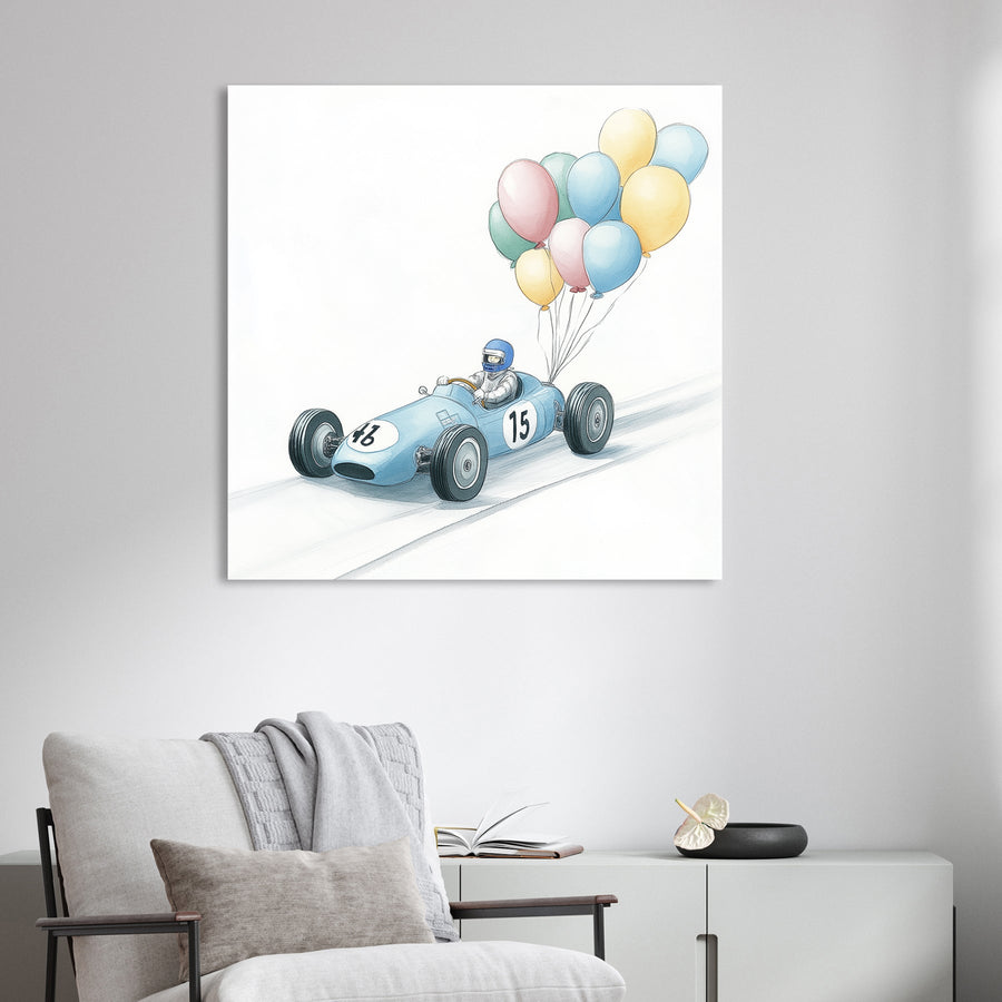 vintage race car with balloons wall art