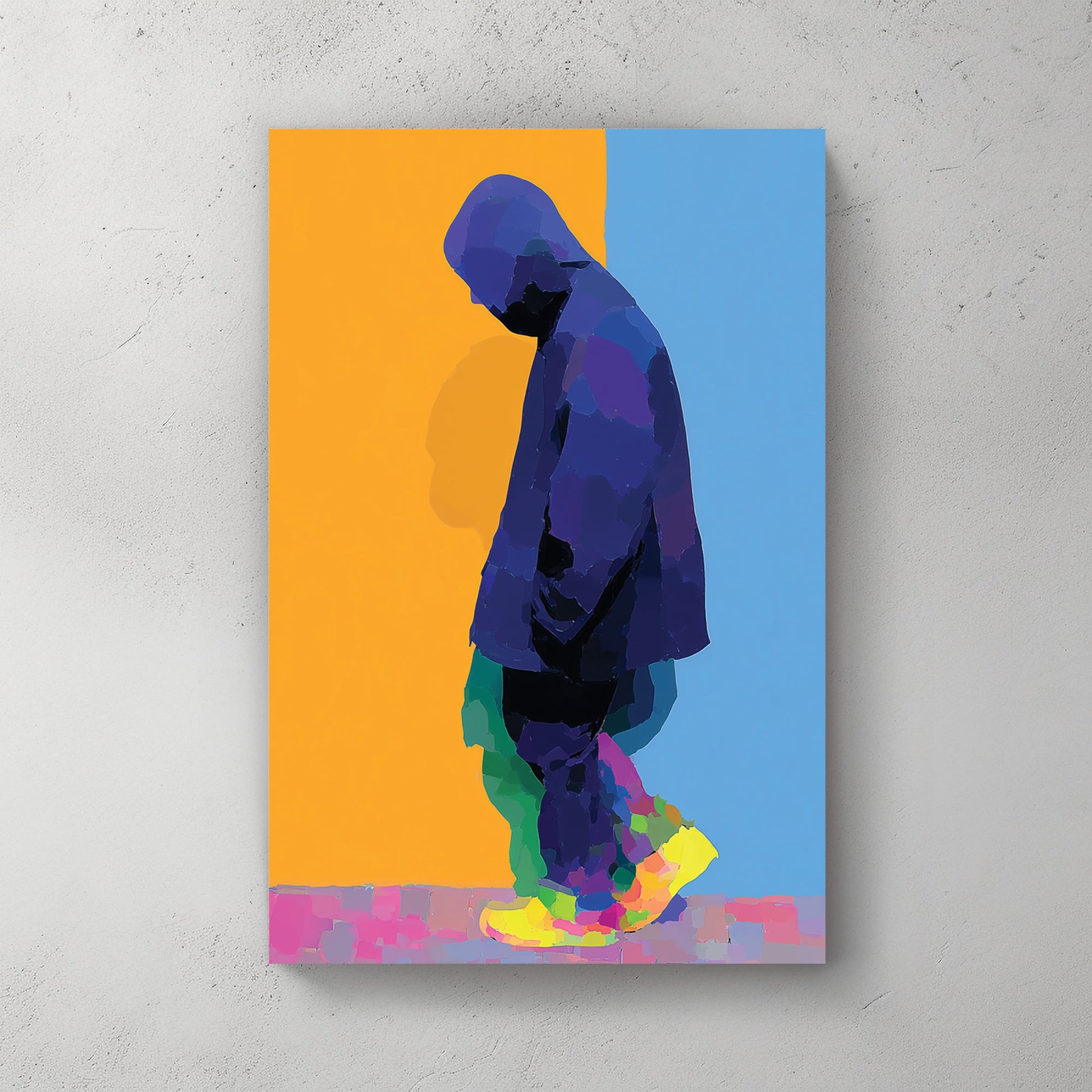 neon solitude hooded figure wall art