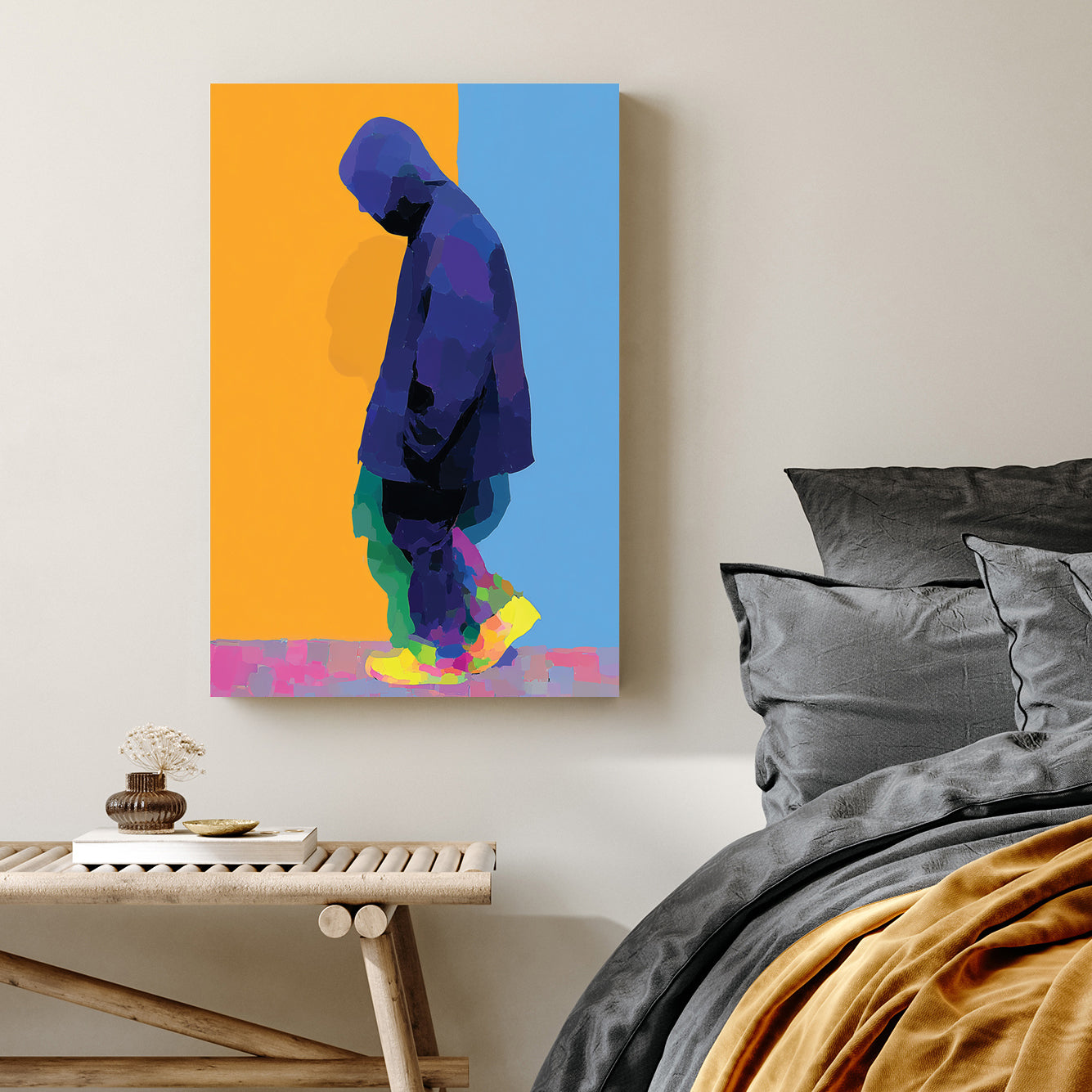 neon solitude hooded figure wall art