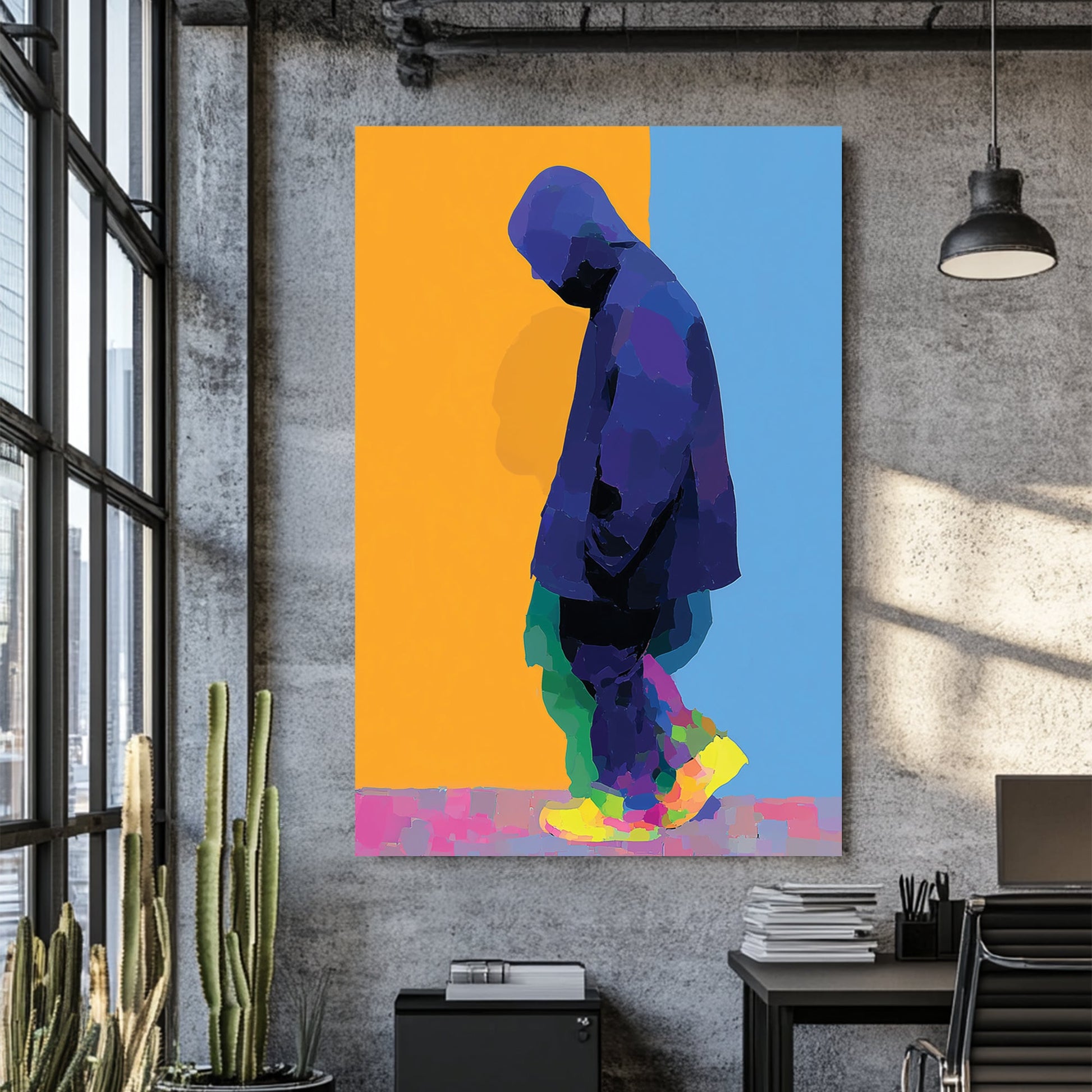 neon solitude hooded figure wall art
