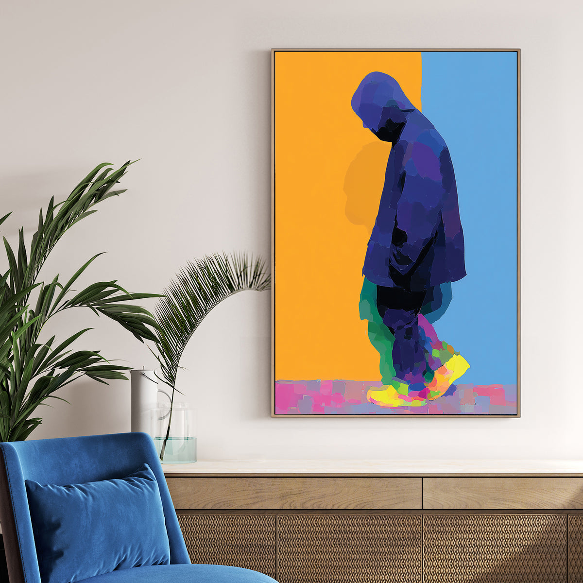 neon solitude hooded figure wall art