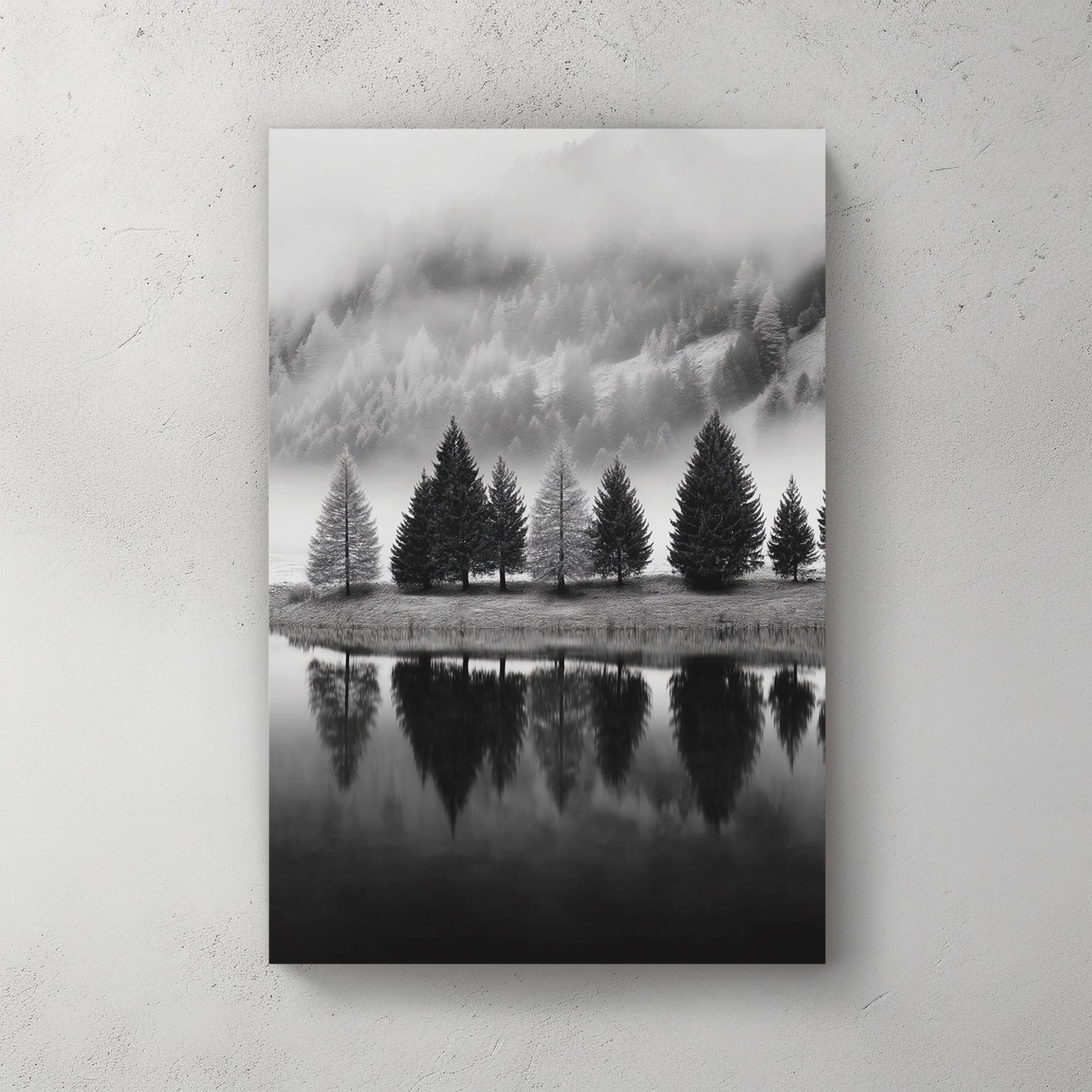 black and white pine trees reflection wall art