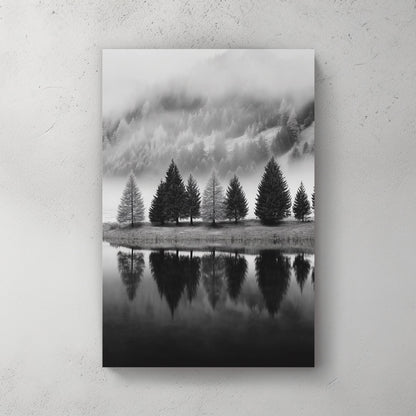 black and white pine trees reflection wall art