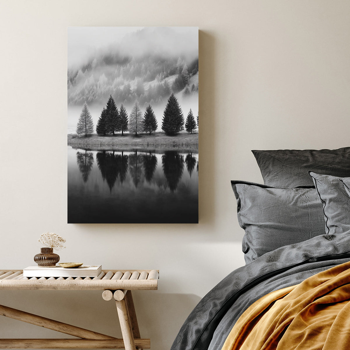 black and white pine trees reflection wall art