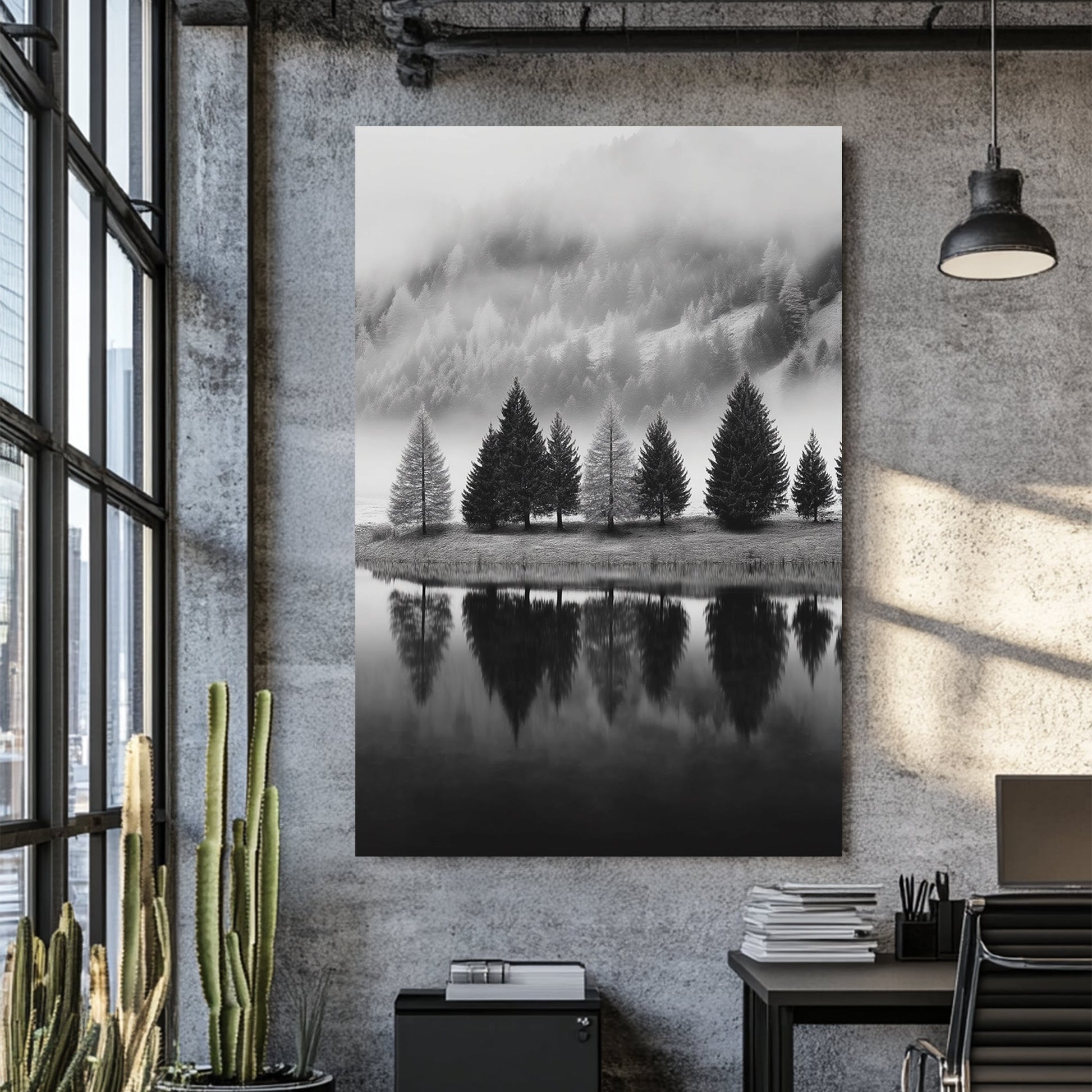 black and white pine trees reflection wall art