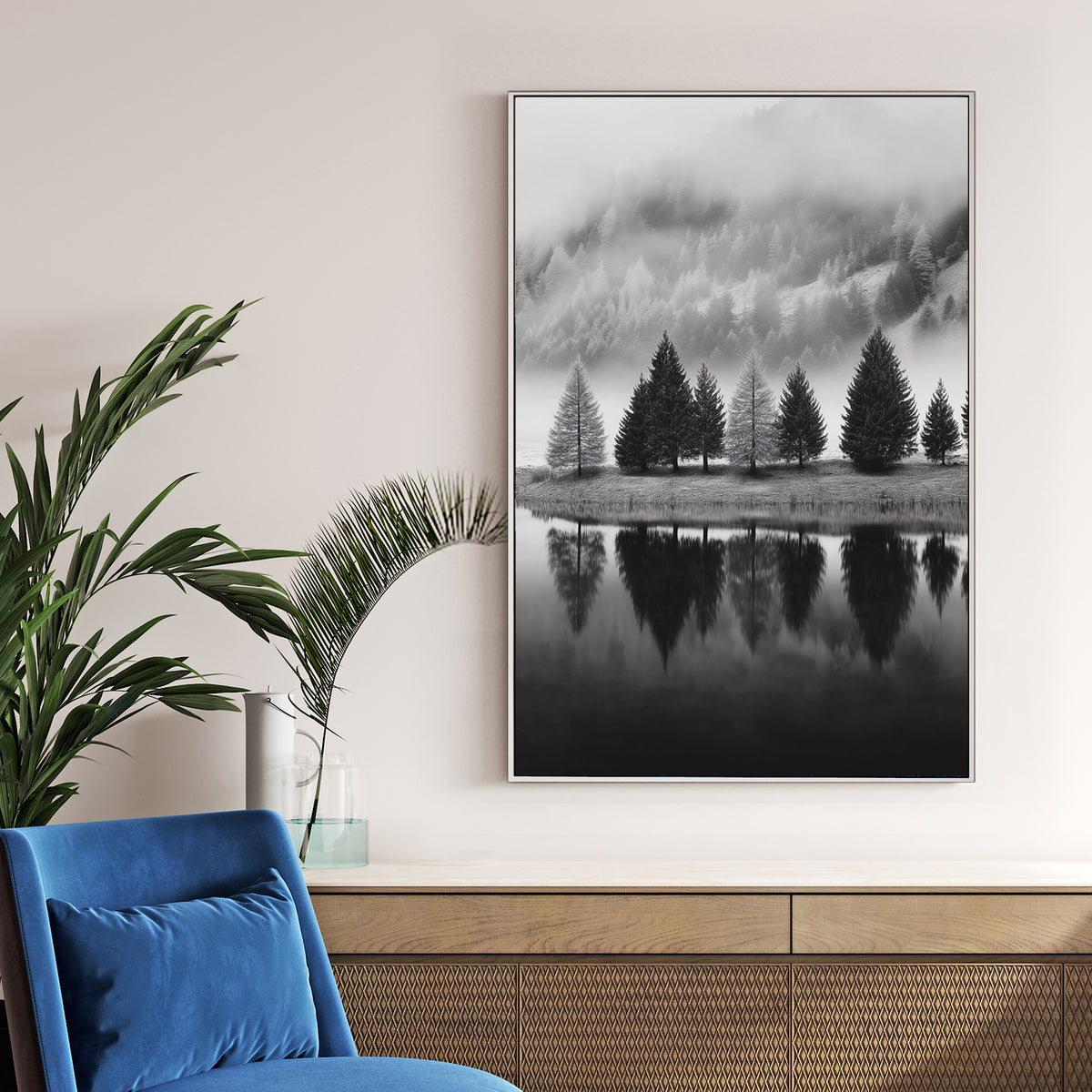 black and white pine trees reflection wall art