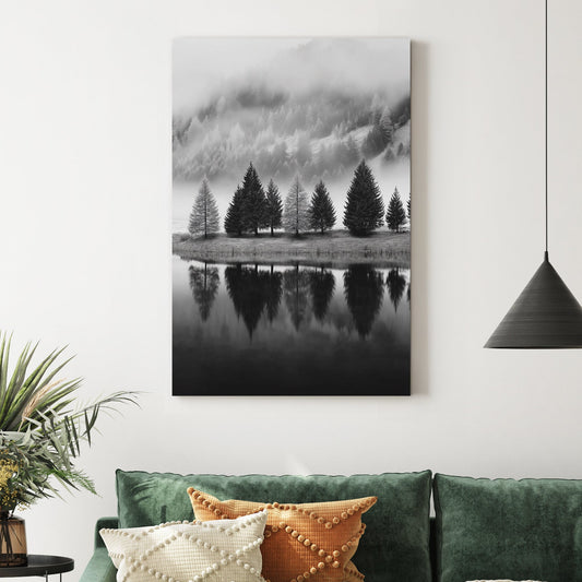 black and white pine trees reflection wall art