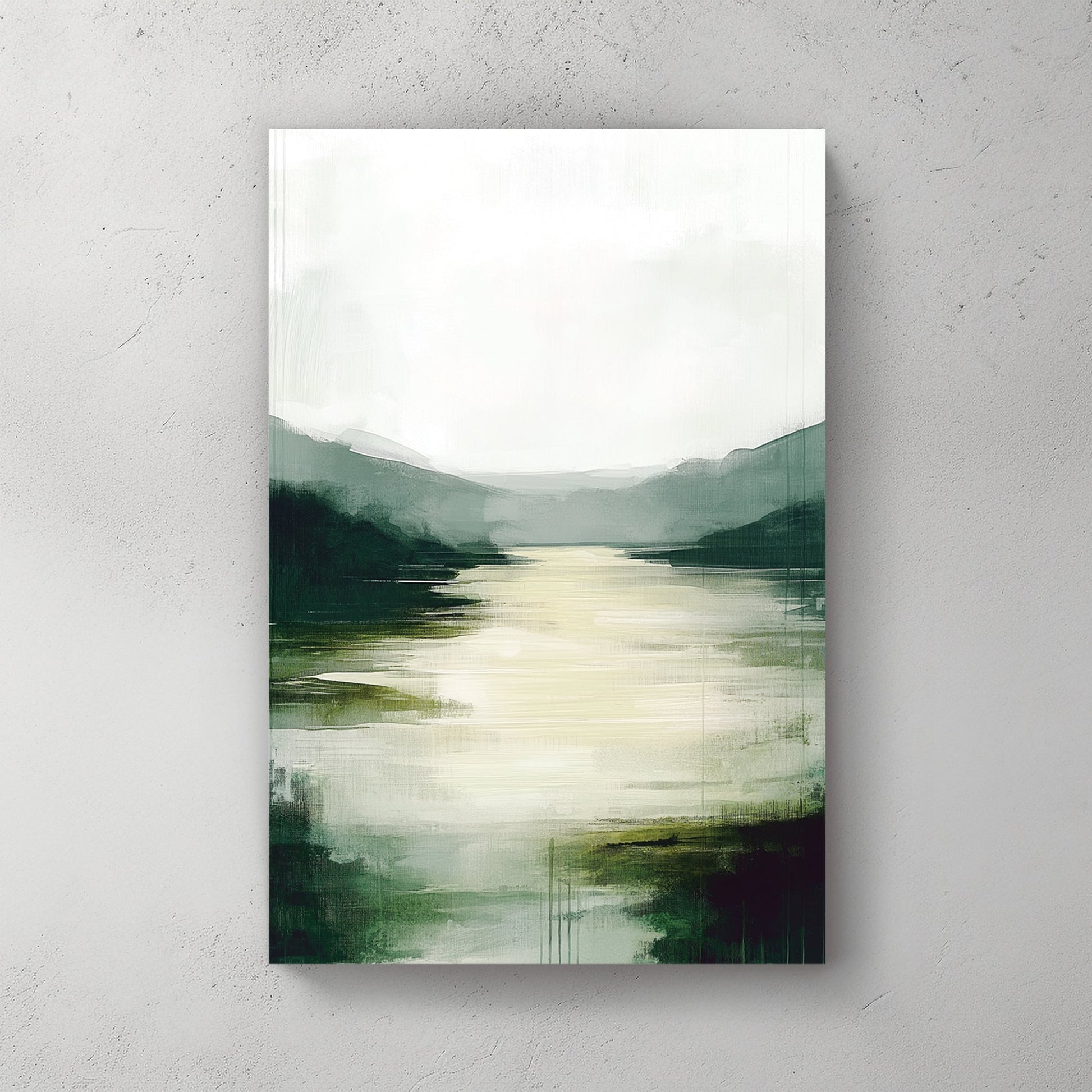 misty green valley river wall art