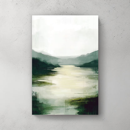 misty green valley river wall art