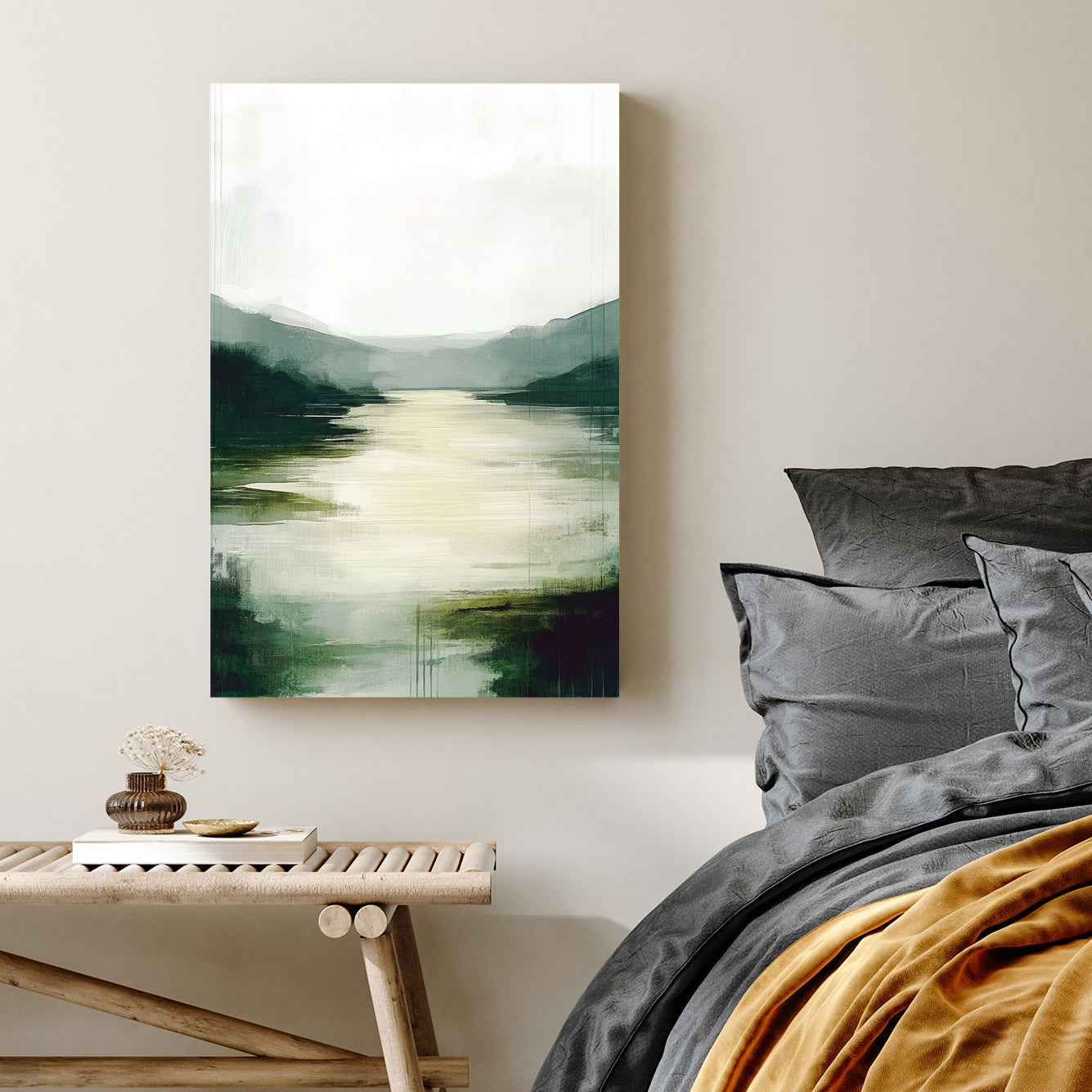 misty green valley river wall art
